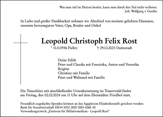 Traueranzeige von Leopold Christoph Felix Rost von Darmstädter Echo