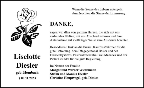 Traueranzeige von Liselotte Diesler von Rheingau Kurier