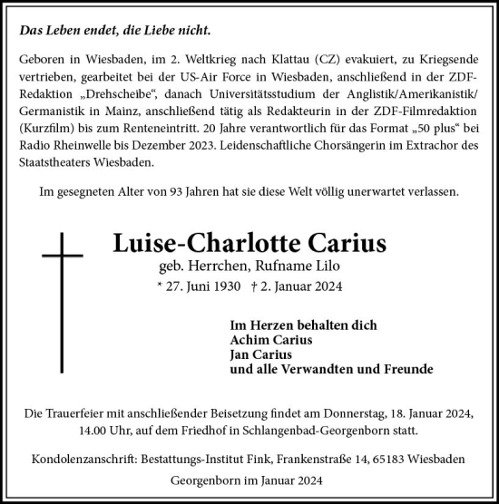 Traueranzeige von Luise-Charlotte Carius von Wiesbadener Kurier