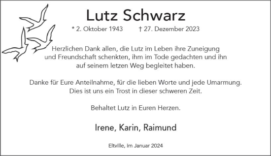 Traueranzeige von Lutz Schwarz von Wiesbadener Kurier