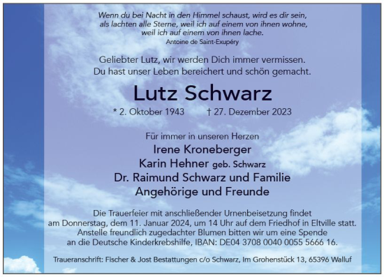 Traueranzeige von Lutz Schwarz von Wiesbadener Kurier