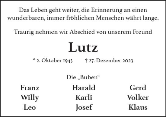 Traueranzeige von Lutz Schwarz von Wiesbadener Kurier