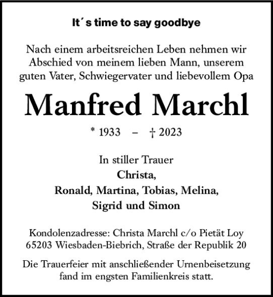 Traueranzeige von Manfred Marchl von Wiesbadener Kurier