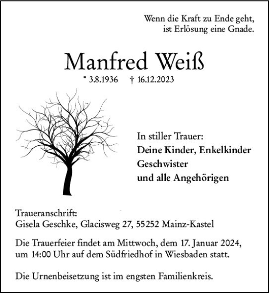 Traueranzeige von Manfred Weiß von Wiesbadener Kurier