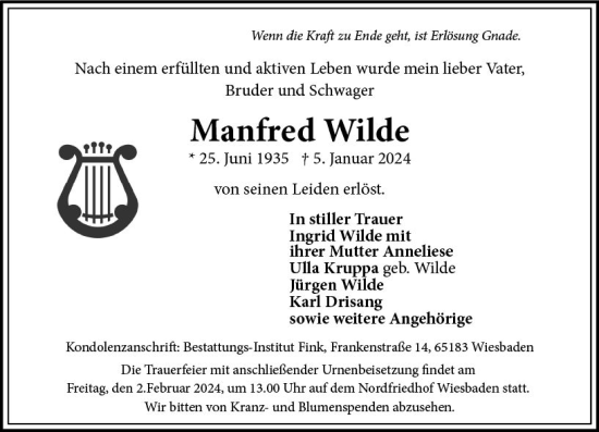 Traueranzeige von Manfred Wilde von Wiesbadener Kurier