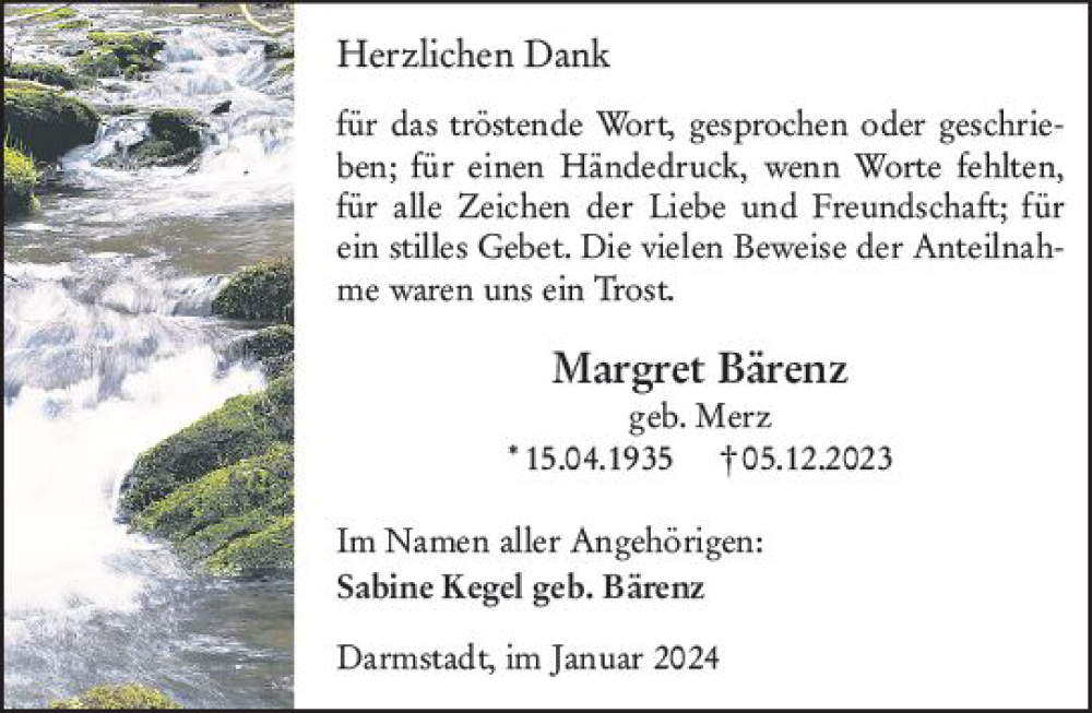  Traueranzeige für Margret Bärenz vom 06.01.2024 aus Darmstädter Echo
