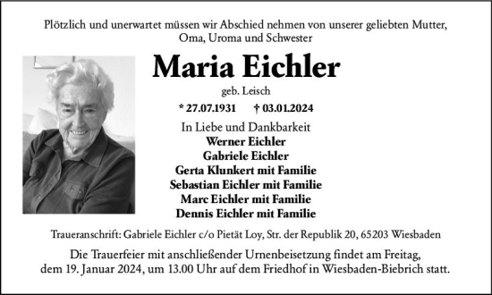 Traueranzeige von Maria Eichler von Wiesbadener Kurier