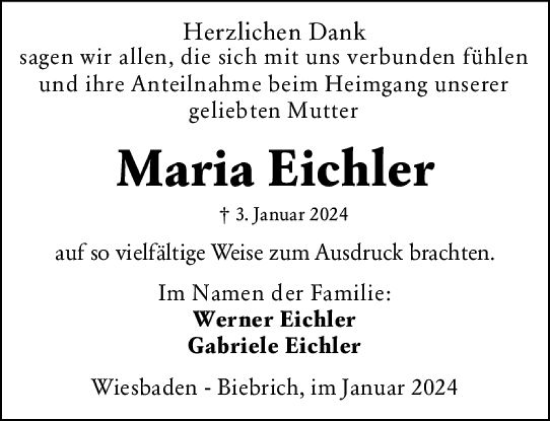 Traueranzeige von Maria Eichler von Wiesbadener Kurier