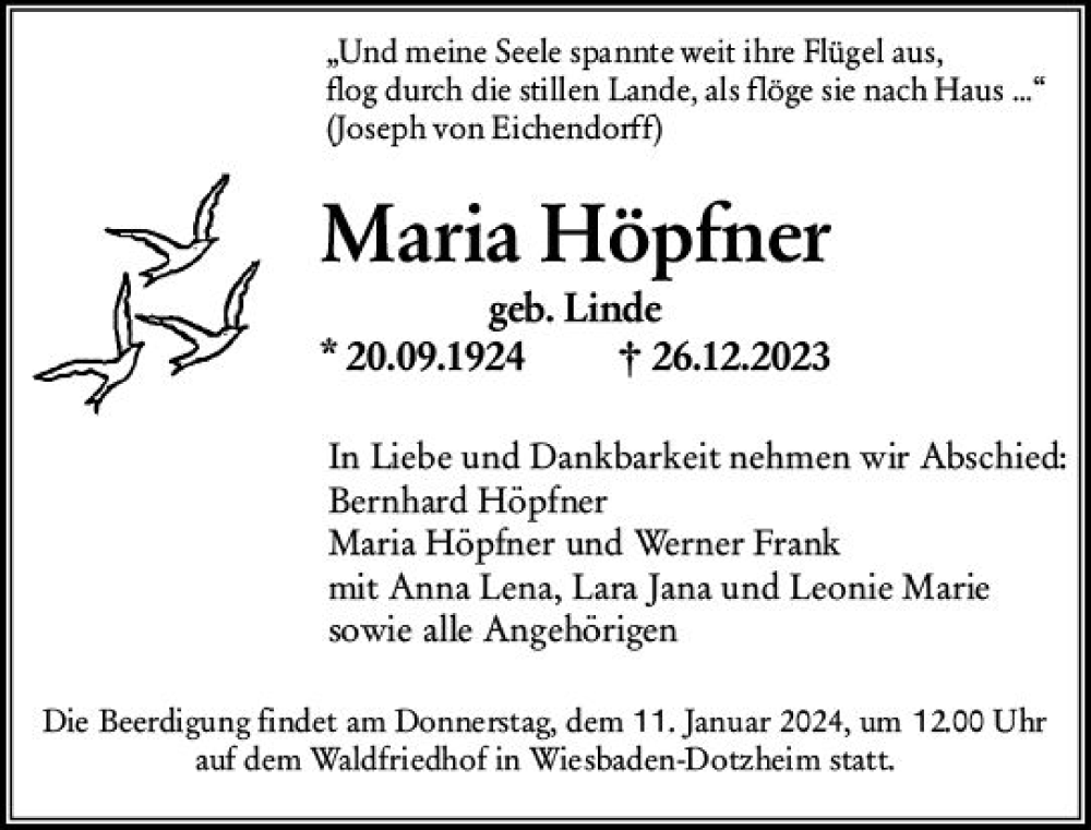  Traueranzeige für Maria Höpfner vom 06.01.2024 aus Wiesbadener Kurier