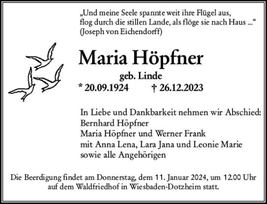 Traueranzeige von Maria Höpfner von Wiesbadener Kurier