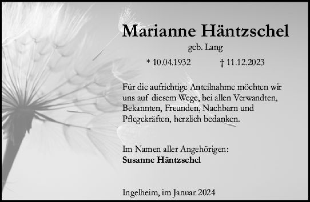  Traueranzeige für Marianne Häntzschel vom 06.01.2024 aus Allgemeine Zeitung Bingen/Ingelheim