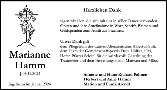 Traueranzeige von Marianne Hamm von Allgemeine Zeitung Bingen/Ingelheim