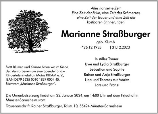 Traueranzeige von Marianne Straßburger von Allgemeine Zeitung Bingen/Ingelheim