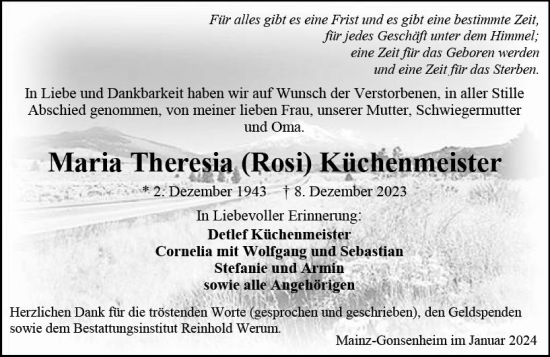 Traueranzeige von Maria Theresia  Küchenmeister von Allgemeine Zeitung Mainz