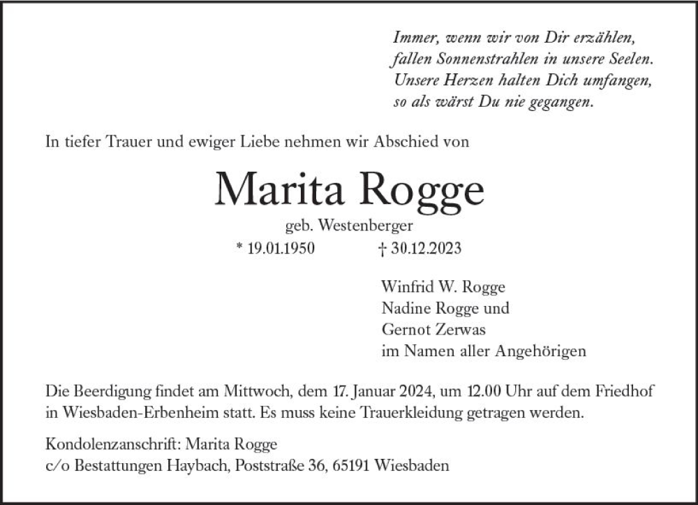  Traueranzeige für Marita Rogge vom 06.01.2024 aus Wiesbadener Kurier
