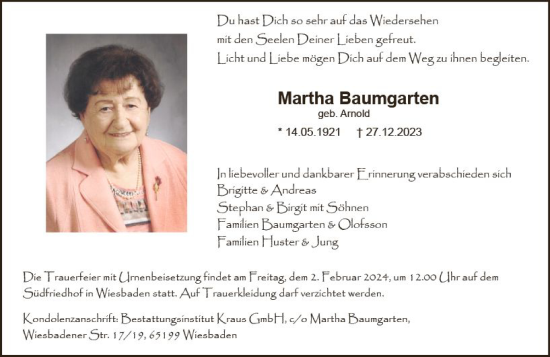 Traueranzeige von Martha Baumgarten von Wiesbadener Kurier