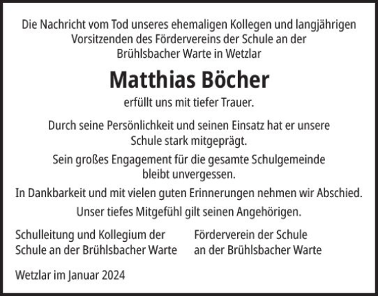 Traueranzeige von Matthias Böcher von Wetzlarer Neue Zeitung