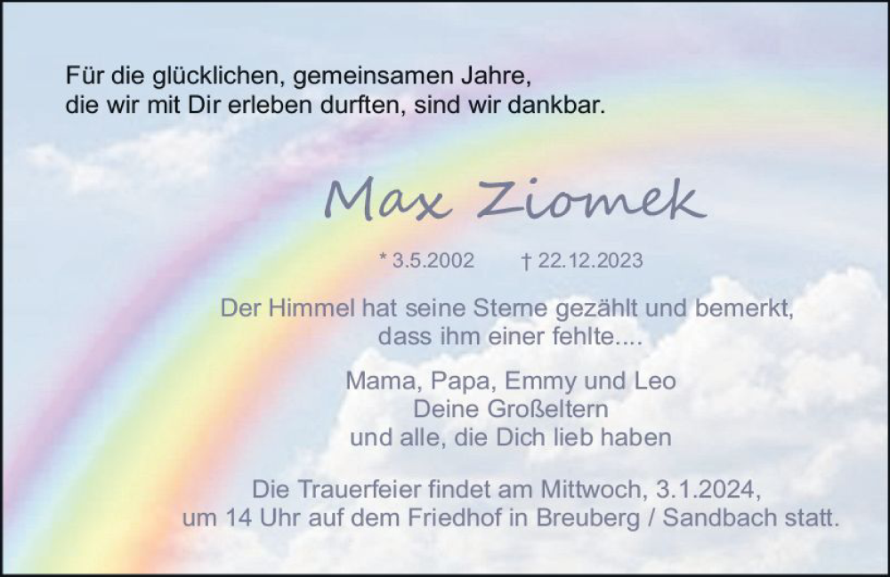  Traueranzeige für Max Elio Ziomek vom 02.01.2024 aus Odenwälder Echo