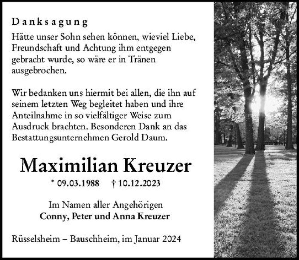  Traueranzeige für Maximilian Kreuzer vom 06.01.2024 aus Rüsselsheimer Echo