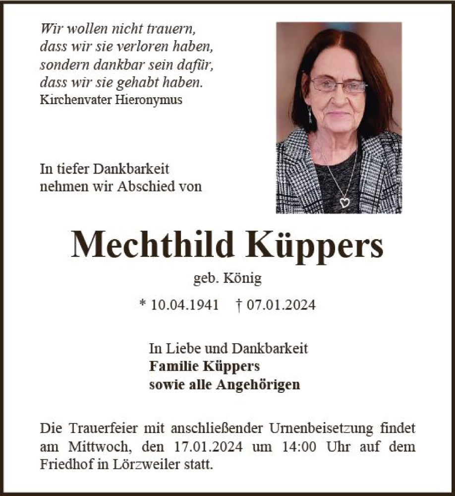  Traueranzeige für Mechthild Küppers vom 13.01.2024 aus Allgemeine Zeitung Mainz