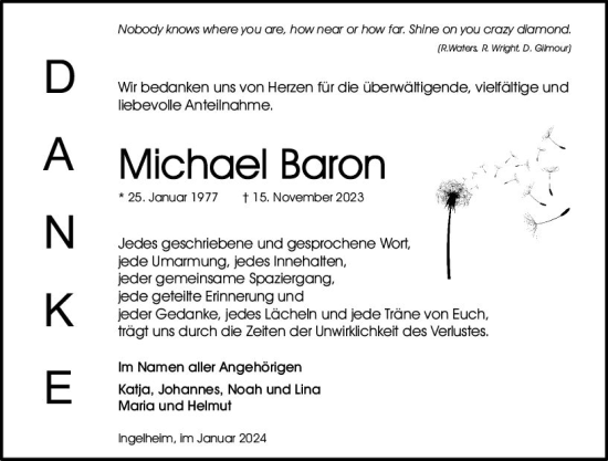 Traueranzeige von Michael Baron von Allgemeine Zeitung Bingen/Ingelheim