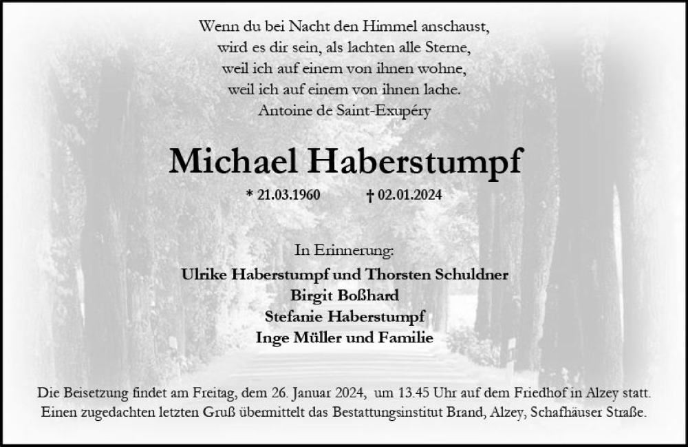  Traueranzeige für Michael Haberstumpf vom 13.01.2024 aus Allgemeine Zeitung Alzey