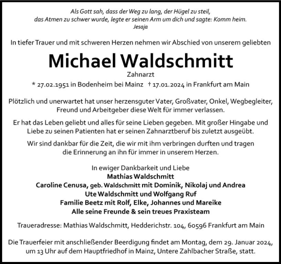 Traueranzeige von Michael Waldschmitt von Allgemeine Zeitung Mainz