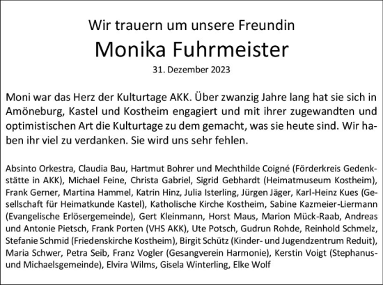 Traueranzeige von Monika Fuhrmeister von Allgemeine Zeitung Mainz