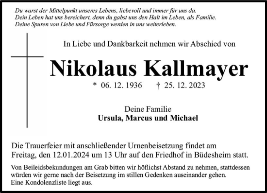 Traueranzeige von Nikolaus Kallmayer von Allgemeine Zeitung Bingen/Ingelheim