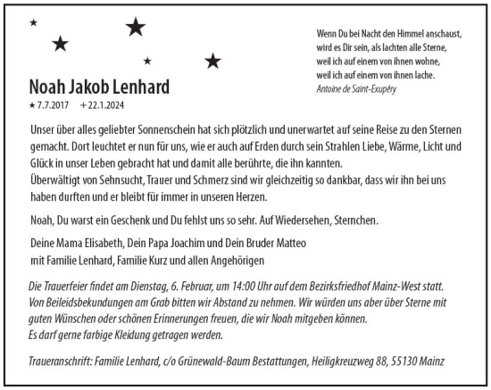 Traueranzeige von Noah Jakob Lenhard von Allgemeine Zeitung Mainz