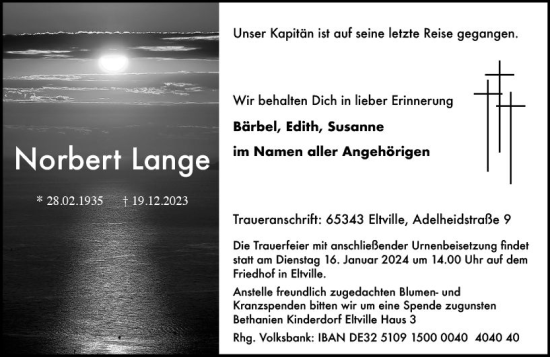 Traueranzeige von Norbert Lange von Rheingau Kurier