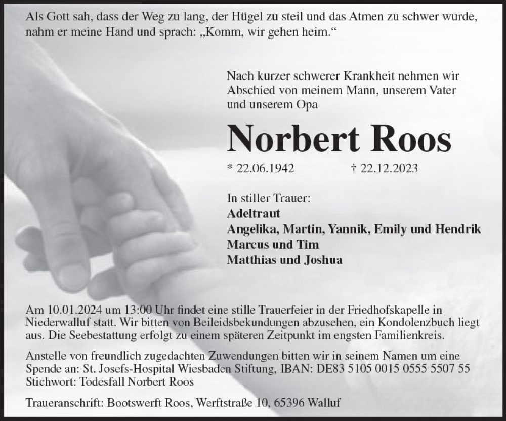  Traueranzeige für Norbert Roos vom 06.01.2024 aus Wiesbadener Kurier