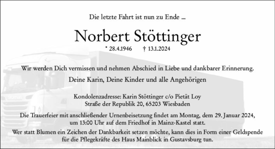Traueranzeige von Norbert Stöttinger von Allgemeine Zeitung Mainz