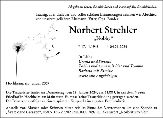 Traueranzeige von Norbert Strehler von Hochheimer Zeitung