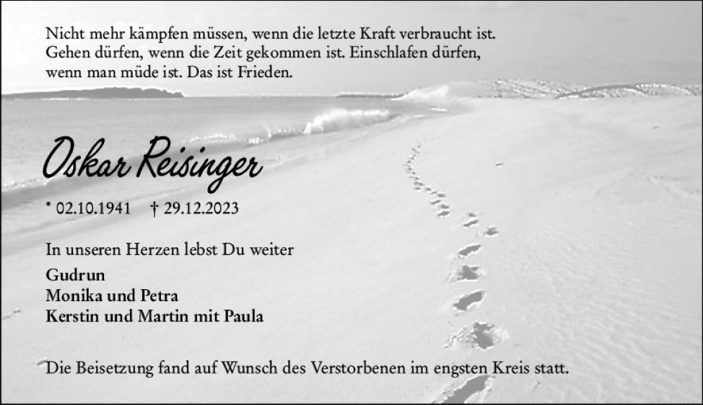  Traueranzeige für Oskar Reisinger vom 27.01.2024 aus Weilburger Tageblatt