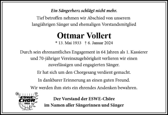 Traueranzeige von Ottmar Vollert von Wiesbadener Kurier
