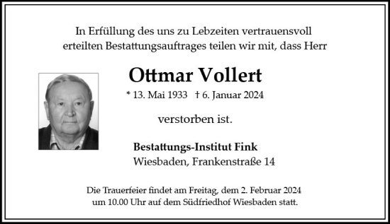 Traueranzeige von Ottmar Vollert von Wiesbadener Kurier