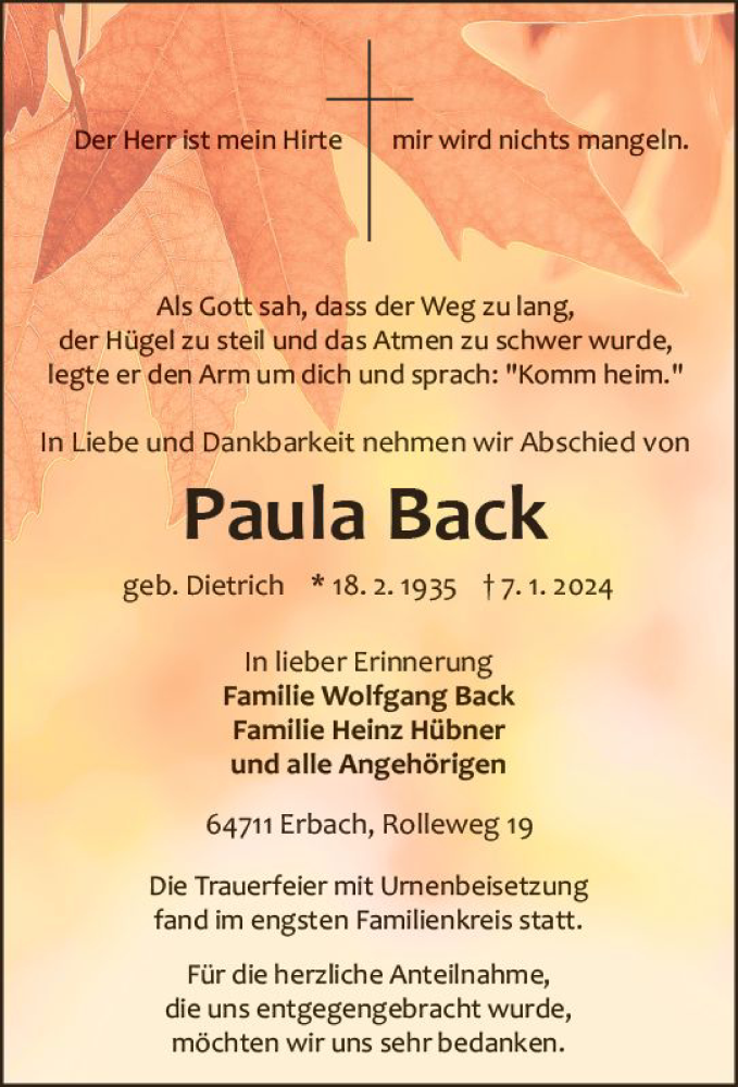  Traueranzeige für Paula Back vom 20.01.2024 aus Odenwälder Echo