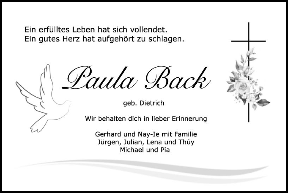  Traueranzeige für Paula Back vom 20.01.2024 aus Odenwälder Echo