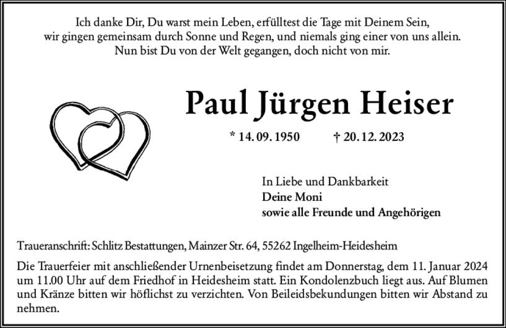  Traueranzeige für Paul Jürgen Heiser vom 06.01.2024 aus Allgemeine Zeitung Mainz