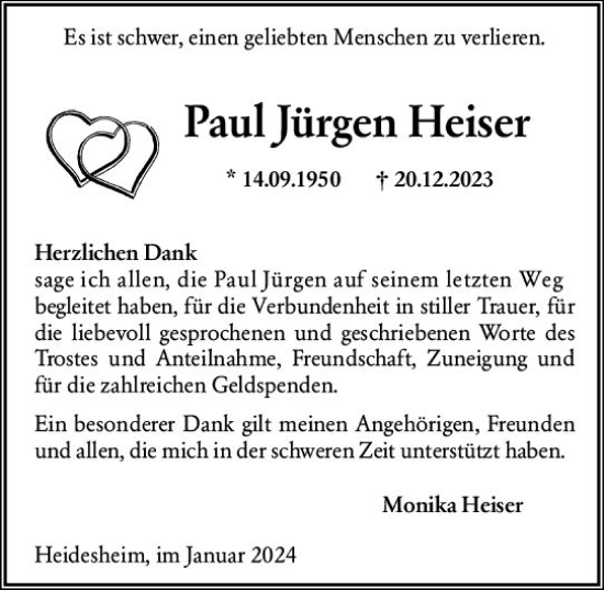 Traueranzeige von Paul Jürgen Heiser von Allgemeine Zeitung Mainz