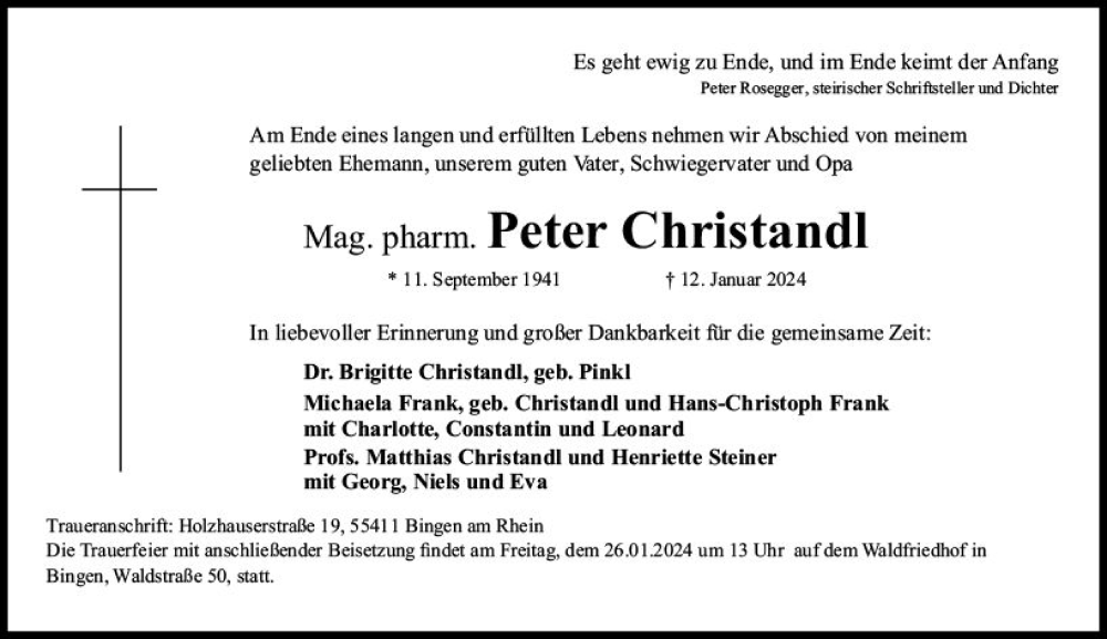  Traueranzeige für Peter Christandl vom 20.01.2024 aus Allgemeine Zeitung Bingen/Ingelheim