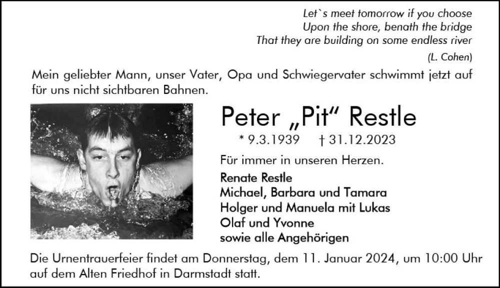  Traueranzeige für Peter  Restle vom 06.01.2024 aus Darmstädter Echo