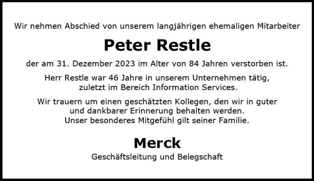  Traueranzeige für Peter  Restle vom 13.01.2024 aus Darmstädter Echo