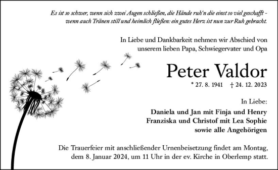 Traueranzeige von Peter Valdor von Wetzlarer Neue Zeitung
