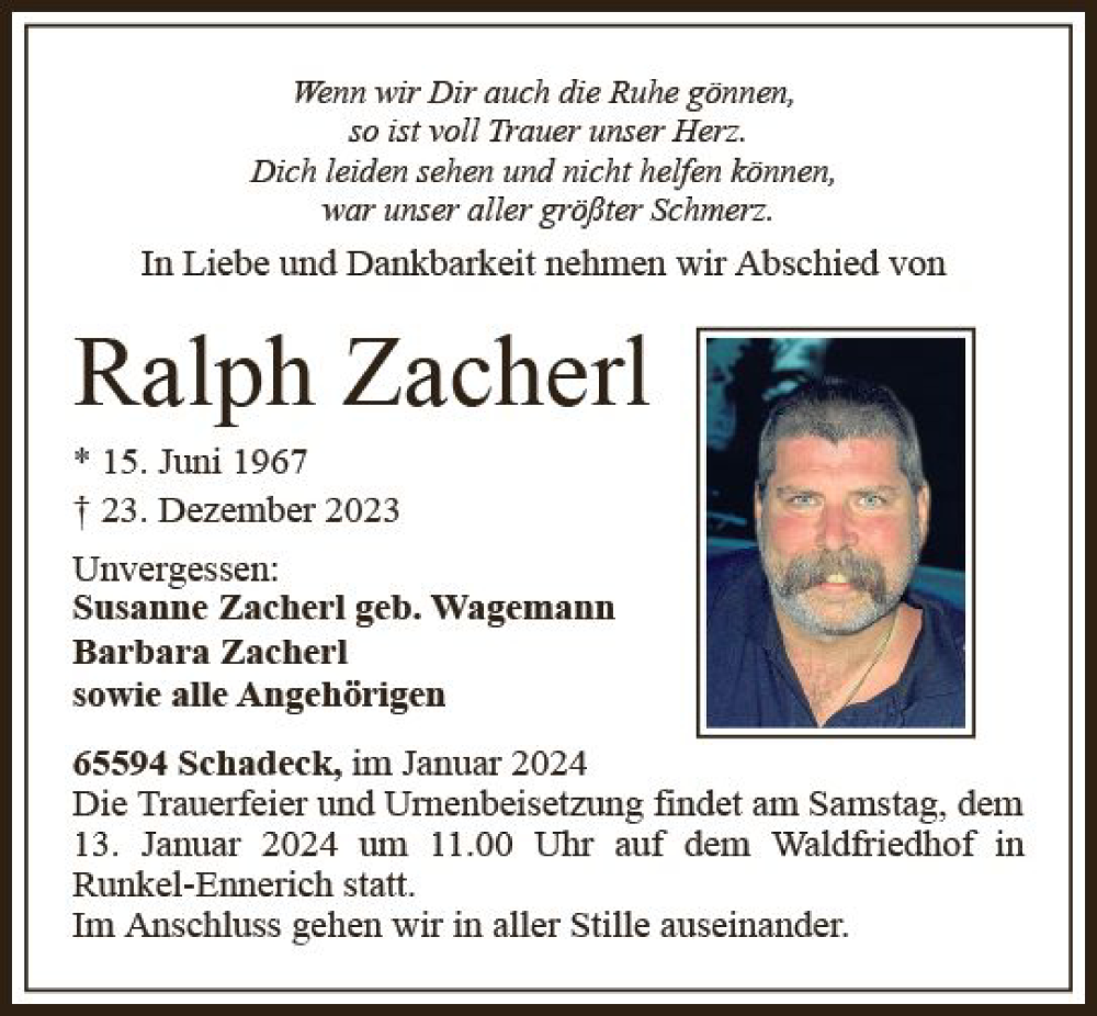  Traueranzeige für Ralph Zacherl vom 10.01.2024 aus Nassauische Neue Presse