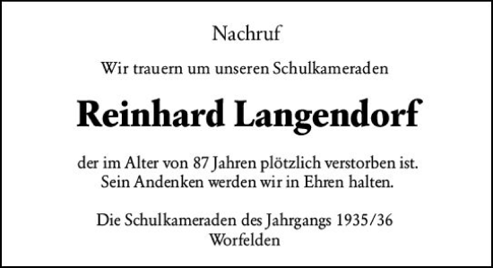 Traueranzeige von Reinhard Langendorf von Groß-Gerauer Echo