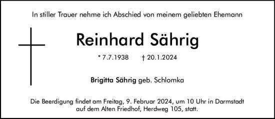 Traueranzeige von Reinhard Sährig von Darmstädter Echo