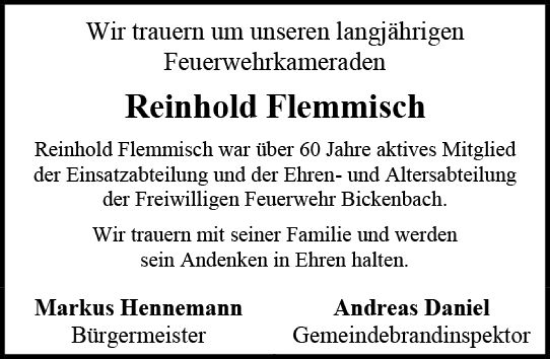 Traueranzeige von Reinhold Flemmisch von Darmstädter Echo