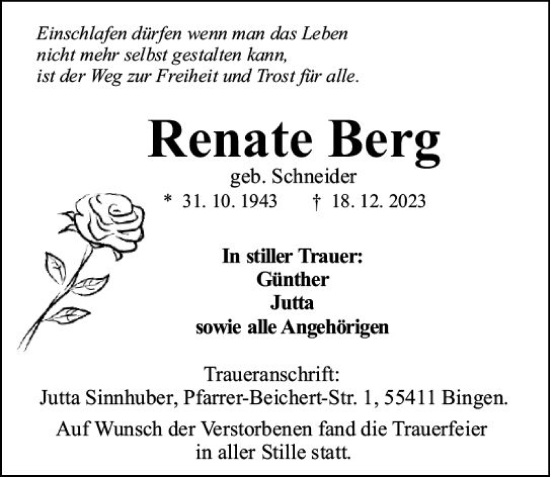 Traueranzeige von Renate Berg von Allgemeine Zeitung Bingen/Ingelheim